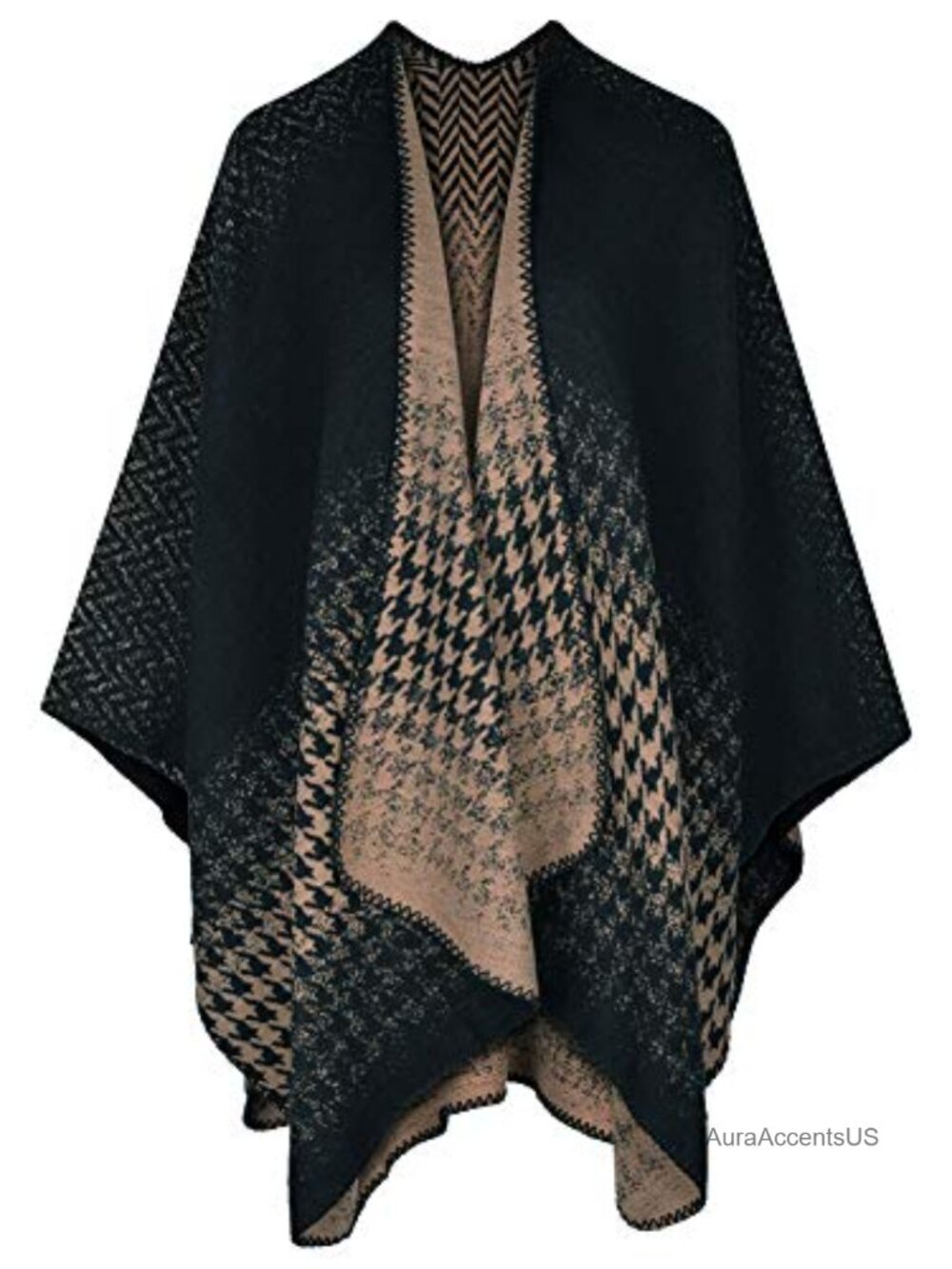 Womens Houndstooth Knitted Cardigan Wrap Shawl Poncho Cape